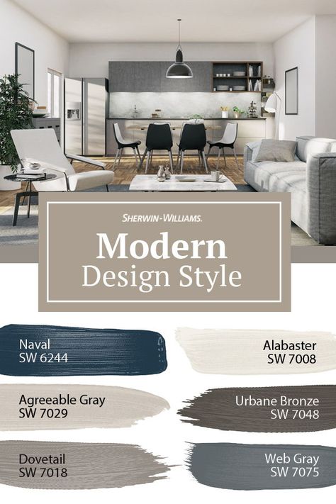 If you celebrate natural materials, neutral or earthy colors and the lack of unnecessary detailing, you'll love this modern paint color palette from Sherwin-Williams. Tap this pin for interior design tips to fit your modern style. #sherwinwilliams #modern #style #paintstyle #paintinspiration #diy Modern Paint Colors, House Color Palettes, Paint Color Schemes, House Color Schemes, Sherwin Williams Paint Colors, Room Color, Interior Paint Colors, Exterior Paint Colors, Paint Colors For Home