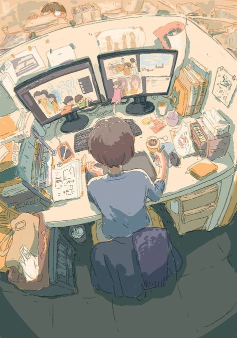 Animating Aesthetic, Person Sitting At Desk Reference, Groovy Drawings, Pixiv Art, Desk Drawing, Messy Desk, Drawing Aesthetic, Type Shi, Perspective Art