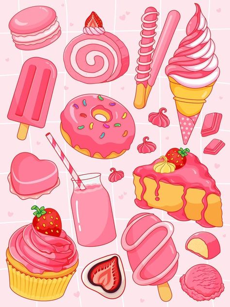 Sweet Art Drawing, Food Illustrations Vector, Anime Desserts Aesthetic, Strawberry Art Cute, Kawaii Art Cute Food, Food Kawaii Illustration, Cute Dessert Drawings, Strawberry Desserts Recipes, Kawaii Food Drawings