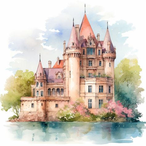 Watercolor Castle, French Castle, Castle Illustration, Watercolor Border, Mixed Media Cards, French Castles, Nature Watercolor, Watercolor Clip Art, Castle Art