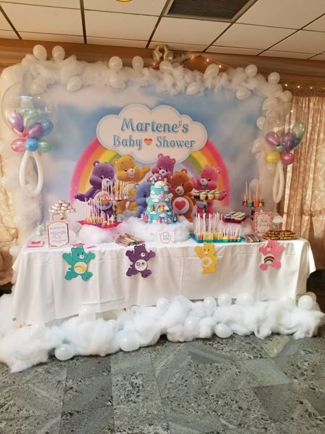 Care bears themed baby shower for my Sister in law. This was intense but soooo worth it. I am beyond pleased woth the executuon of her ideas and my vision and how I bought this thing to life  ♡ #carebears #babyshower #clouds #sweettable Care Bears Birthday Party, Care Bear Party, Girl Shower Themes, Baby Shower Party Themes, Care Bear Birthday, Bear Baby Shower Theme, Baby Shower Theme Decorations, Bear Birthday Party, Baby Shower Woodland Theme