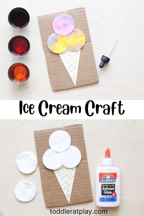 Are you ready for a fun ice cream craft? This Cotton Round Ice Cream Craft will be your kids new favorite summer idea, guaranteed! It’s super easy to set up too! All you need is a piece of cardboard and a few craft supplies and you’ve got this craft set up in under 5 minutes. Kids will love creating their own ice cream, choosing the colors for their ice cream scoops! #summercrafts #recycledcrafts #icecreamcraft Icecream Crafts For Kids Summer, Icecream Crafts Toddlers, Ice Cream Arts And Crafts, Ice Cream Art Preschool, Ice Cream Art Projects For Kids, Ice Cream Crafts For Toddlers, Ice Cream Cone Crafts, Ice Cream Crafts For Preschoolers, Ice Cream Crafts For Kids