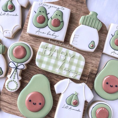 Avocado Cookies Decorated, Guac Will It Be Gender Reveal, Avocado Themed Baby Shower Ideas, Avocado Gender Reveal, Avocado Baby Shower Theme, Avocado Theme, Baby Biscuits, Twin Boys Baby Shower, Baby Shower Host