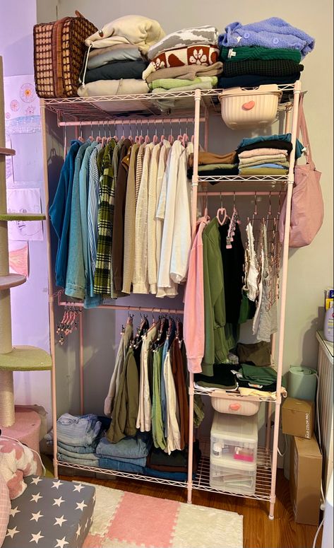 Bedroom Storage With No Closet, Room Ideas Aesthetic Clothing Rack, Tiny Closet Organization Ideas Bedrooms, Aesthetic Clothing Storage, Apartment Clothing Storage, Small Room Clothing Storage, Wardrobe Ideas For Small Spaces, Room With Clothing Rack, Small Room Organization Bedroom Space Saving Storage Ideas