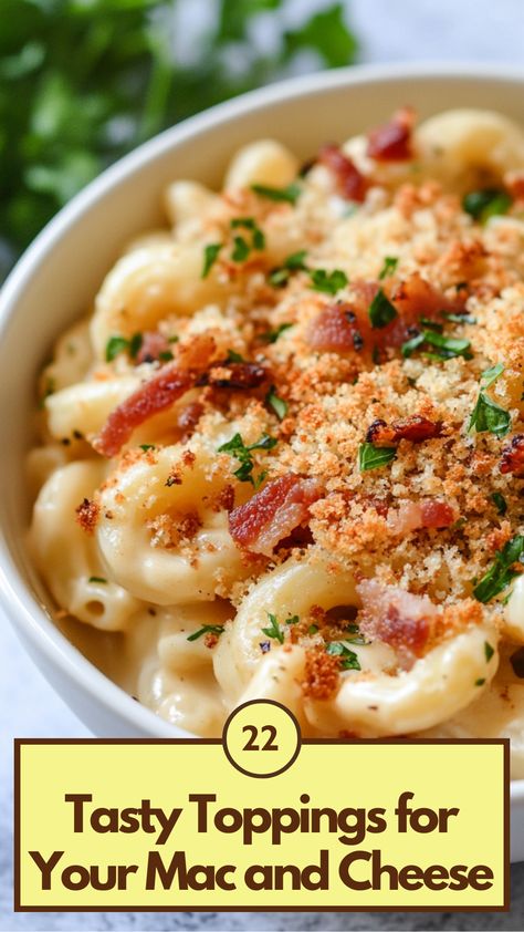 A bowl of creamy mac and cheese topped with crispy bacon, savory breadcrumbs, and fresh herbs for added flavor and texture. Mac And Cheese With A Twist, Macaroni And Cheese Toppings, Mac And Cheese Toppings Bar, Mac N Cheese Bar Toppings, Mac And Cheese Bar Toppings, Delicious Mac And Cheese, Fancy Mac And Cheese, Cheese Game, Cheddar Mac And Cheese