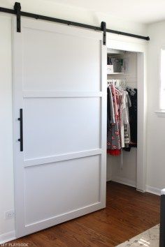 How to add functional and stylish storage to an office. Love these tips for secret storage so you can keep your office organized and clutter hidden! Hanging Barn Doors, Barn Door Closet, Barn Style Sliding Doors, Modern Barn Door, Diy Barn Door, Modern Barn, In The Closet, Interior Barn Doors, Closet Ideas