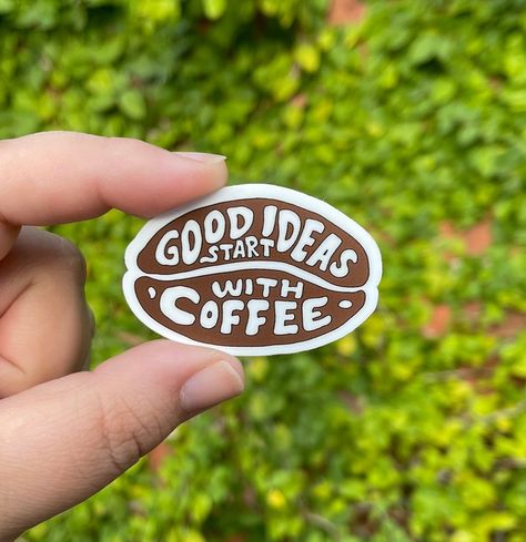 Coffee sticker - a reminder that good ideas start with a cup of coffee. #coffee #coffeelover . #Coffee_Stickers_Aesthetic #Coffee_Shop_Stickers #Stickers_Cafe #Coffee_Sticker_Design Coffee Shop Sticker Design, Paper Coffee Cup Design Ideas, Coffee Stickers Aesthetic, Coffee Stickers Printable, Stickers Cafe, Coffee Sticker Design, 2024 Stickers, Uni Aesthetic, Coffee Printable