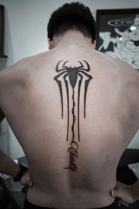 Spider Man Neck Tattoo, Venom Back Tattoo, Spiderman Symbol Tattoo, Spiderman Back Tattoo, Black Eagle Tattoo, Samuel Seo, Tatto Designs, Hero Symbol, Spiderman And Spider Gwen