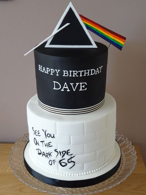 Pink Floyd inspired Birthday Cake, featuring homage to The Dark Side of the Moon and The Wall with sugar prism topper. Pink Floyd Birthday Cake, Pink Floyd Cake, Happy Birthday Dave, Dark Birthday, Pink Floyd Art, Dad Birthday Cakes, Rainbow Birthday Cake, Birthday Cake For Him, Happy Birthday Pictures