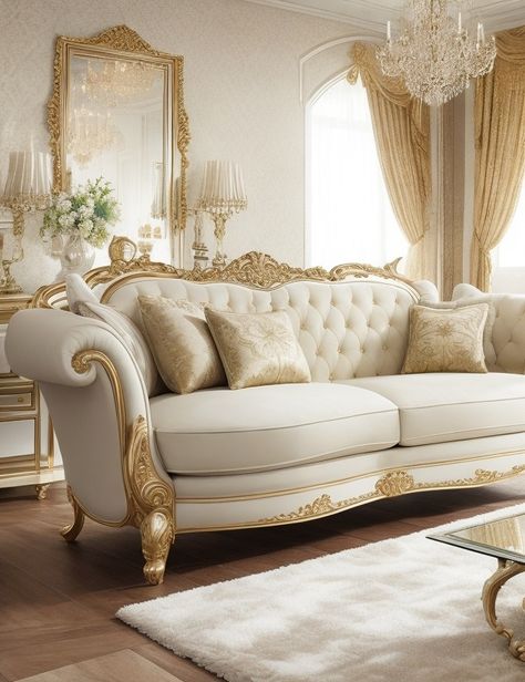 This gorgeous Chesterfield sofa has beautiful curves. Sofa, seat and upholstery are made of soft, luxurious velvet. The backrest is padded with crystal to create a very luxurious accent. This crystal look pairs perfectly with acrylic legs. The chair is a bench-style fabric with a tuft of diamond buttons tied to the accent pillows that come with the couch set. This luxury set will bring a luxurious look to your living room. #sofachair #sofaset #crystal #livingroom #homedecor #rashafurniture Fancy Couches, Curves Sofa, White And Gold Sofa, Fancy Couch, White Sofa Set, Sofa Chair Living Room, Gold Couch, Love Seat Sofa, Gold Sofa