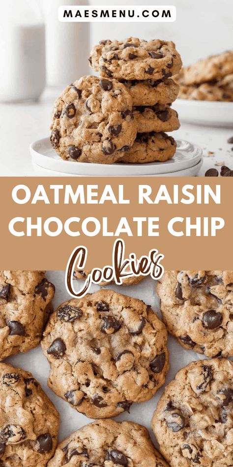 Try my delicious oatmeal raisin chocolate chip cookies. With chewy centers and crisp edges, these cookies are a favorite for a reason. Warm brown sugar, tender oats, juicy raisins and rich chocolate chips come together to create the perfect wholesome and satisfying snack. Bake a batch of these tasty cookies in no time with this easy recipe and enjoy a healthy snack anytime of day! #oatmealcookies Raisin Chocolate Chip Cookies, Oatmeal Raisin Chocolate Chip Cookies, Homemade Oatmeal Raisin Cookies, Best Oatmeal Chocolate Chip Cookies, Oatmeal Dessert, The Best Oatmeal, Chocolate Covered Raisins, Chocolate Raisins, Recipe Cookies