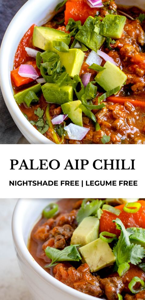 This Paleo Chili is nightshade free and AIP-compliant, rich, hearty and comforting. You won’t miss the beans or nightshades in this allergen-friendly dish. #healmedelicious #aip #aiprecipes #paleo #paleorecipes #autoimmunedisease #aipdiet #autoimmunepaleo #aipprotocol #aipchili #chili #favoritedinnerrecipes #glutenfree #paleochili #soupszn #soups #stews #instantpot #nightshadefree Aip Chili, Aip Dinner, Autoimmune Diet Recipes, Aip Diet Recipes, Nightshade Free Recipes, Autoimmune Recipes, Paleo Chili, Autoimmune Paleo Recipes, Aip Paleo Recipes