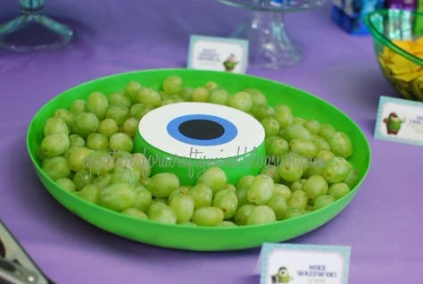 Monsters University Birthday Party | CatchMyParty.com Monster Inc Food Ideas Snacks, Diy Monster Party Decorations, Monsters Inc Snacks, Monsters University Birthday Party Ideas, Bday Snacks, Monsters Inc Birthday Party Ideas, Monster's University, Monster Snacks, Monster University Birthday