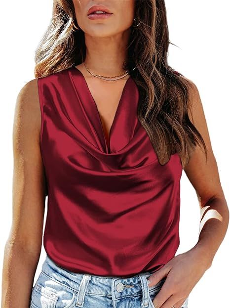 Chigant Womens Silk Satin Tank Tops Cowl Neck Casual Cami Sleeveless Camisole Blouses Summer Basic Loose Shirt at Amazon Women’s Clothing store Red Satin Top, Satin Tank Top, Summer Basics, Tank Top Women, Loose Shirt, Tops Casual, Loose Shirts, Satin Top, Casual Tank Tops