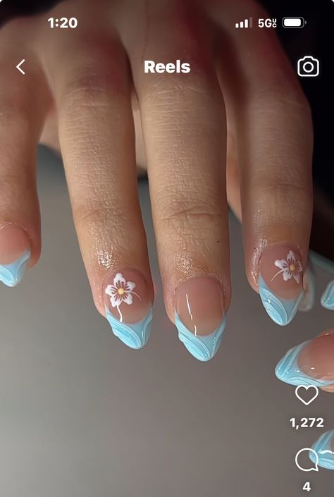 Nail Design For Cruise, Blue Acrylic Nails Almond, Cruise Nail Ideas, Beach Vacay Nails, Pink Blue Nails, Baby Blue Acrylic Nails, Hawaiian Nails, Cruise Nails, Girly Acrylic