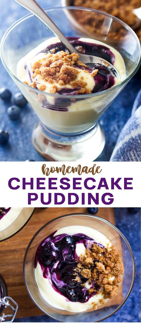 My homemade cheesecake pudding is a simple stovetop recipe made from scratch with cream cheese and sour cream then topped with graham cracker crumbs. Add a swirl of fruit sauce or jam for a dessert you'll want to make over and over. | justalittlebitofbacon.com #dessertrecipes #pudding #cheesecake #homemade Cream Cheese Pudding Filling, Cream Cheese Pudding Recipes, Individual Pudding Desserts, Cream Cheese And Sour Cream Recipes, Cream Cheese Pudding Dessert, Cheesecake Pudding Recipes, Pudding And Cream Cheese, Fruit Pudding Recipes, Cream Cheese Pudding