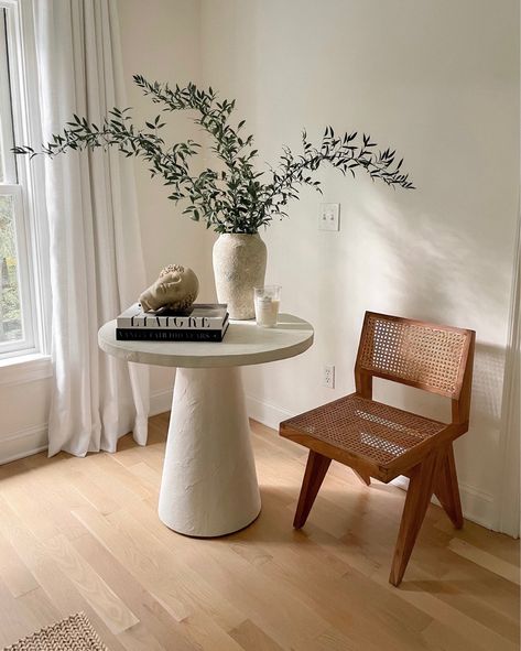 Willy White Plaster Pedestal Bistro Table, White Plaster Table, Pedestal Decor Ideas, White Pedestal Dining Table, Entryway Round Table, Pedestal Bistro Table, White Pedestal Table, End Of Hallway, Kat Jamieson