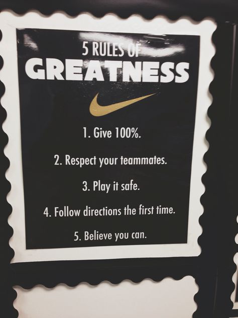 Classroom theme - Nike just do it. Classroom rules Men Classroom Theme, Sport Themed Classroom Ideas, Athletic Bulletin Boards High Schools, Sneaker Classroom Theme, Champion Theme Classroom, Nike Classroom Theme, Sporty Classroom Decor, Physical Education Classroom Decor, Inclusion Classroom Decor