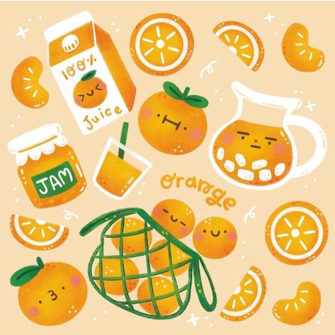 Orange Doodle Aesthetic, Dessert Cartoon Drawing, Cute Fruit Drawings Kawaii, Orange Illustration Fruit, Cute Fruit Illustration, Orange Doodles, Orange Doodle, Fruit Drawings, Orange Drawing