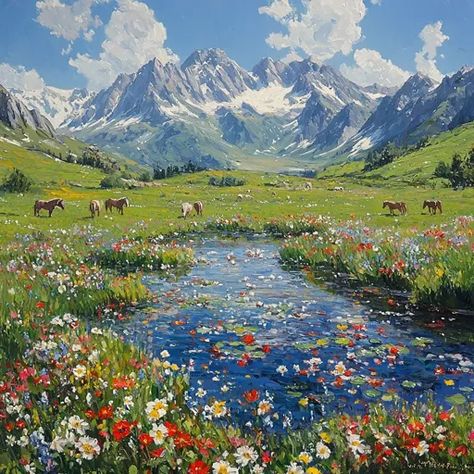 ↑↑↑ Larger size on website 🔸 A serene landscape painting depicts a winding stream flowing through a meadow, dotted with wildflowe Meadow Painting, Bright Blue Sky, Serene Landscape, Fluffy Clouds, Shades Of Red, Landscape Painting, Painting Ideas, Landscape Paintings, Blue Sky