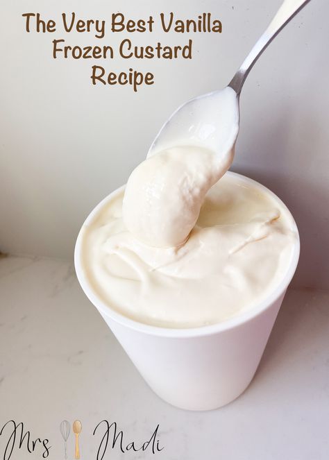 This will be the creamiest homemade ice cream you will ever make. I guarantee it! Vanilla is a perfect base for mix ins. #frozencustard #vanilla #icecream #mrsmadi #recipe Vanilla Frozen Custard Recipe, How To Make Custard Ice Cream, Vanilla Custard Ice Cream, Frozen Custard Recipe, Frozen Custard Recipes, Ice Cream Sandwich Cake Recipe, Custard Ice Cream Recipe, How To Make Custard, Custard Ice Cream