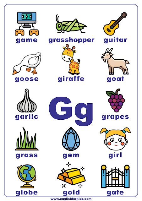 Printable Alphabet Posters for Every Letter. English ABC posters for classroom wall decoration. Letter G. #ESL The Letter G, Alphabet Worksheets Kindergarten, G Words, Alphabet Words, Alphabet Phonics, Alphabet Pictures, Alphabet Posters, Alphabet Worksheets Preschool, Learning English For Kids