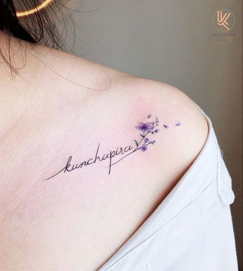 Delicate Flower Tattoo, Purple Tattoos, Flower Tattoo Ideas, Small Girly Tattoos, Lavender Tattoo, Small Pretty Tattoos, Flower Tattoo Shoulder, Tattoo Lettering Fonts, Tatuaje A Color