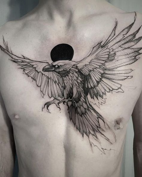 Raven Chest Tattoo, Chest Tattoo Men Ideas, Tattoo Men Ideas, Rabe Tattoo, Sketchy Style, Crow Tattoo Design, Chest Tattoo Ideas, Demon Tattoo, Retro Tattoos