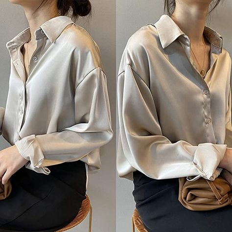 Cream Satin Shirt Outfit, Stylish T Shirts For Women, White Shirt Formal Outfit Women, Satin Button Up Outfit, Long Sleeves Outfit Casual, Silk Button Down Shirt Outfit, Formal Shirts Women, Satin Shirts For Women, Satin Shirt Outfit