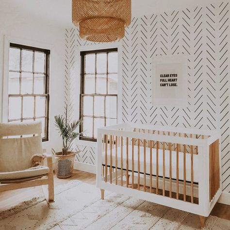 Minimal Boho Nursery with Black and White Herringbone Accent Wall Atlas Nursery, Nursery Ideas Boy, Kindergarten Wallpaper, Herringbone Wallpaper, White Herringbone, White Nursery, Nursery Inspo, Nursery Baby Room, Neutral Nursery