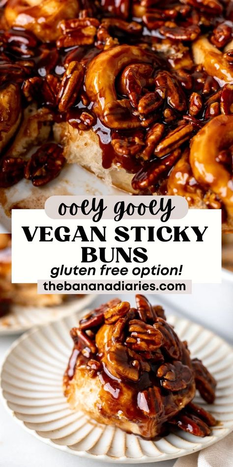 Vegan Sticky Buns, Maple Syrup Caramel, Breakfast Ideas Brunch, Cinnamon Rolls Vegan, Pecan Glaze, Vegan Holiday Desserts, Sticky Buns Recipes, Vegan Pecan, Pecan Sticky Buns