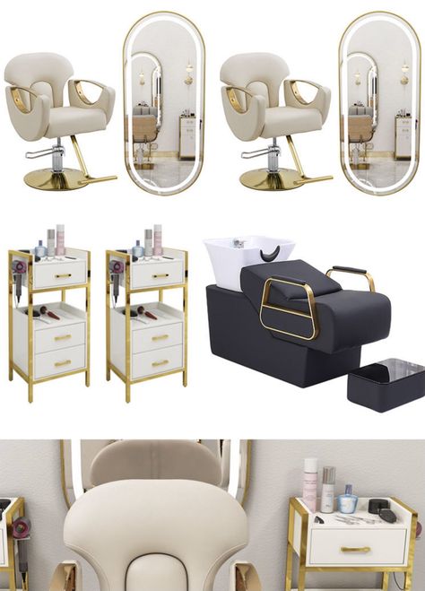 Luxurious Hair Salon, Gold Hair Salon Decor, Pink White And Gold Beauty Salon, Beauty Parlour Interior Design, White And Gold Hair Salon, Luxury Beauty Salon Design, Black Gold Hair Salon Interior, Beauty Salon Decor Luxury, Luxury Salon Interior Design