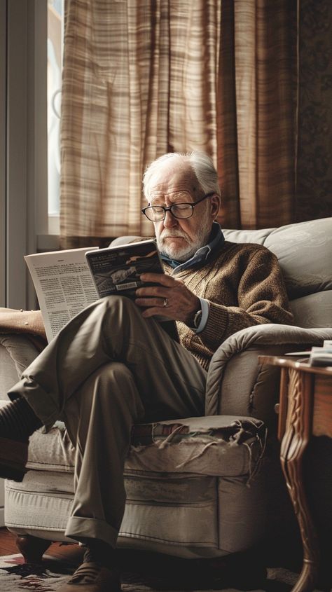 "Reading #MorningNews: An #elderly man engrossed in #reading a #newspaper in a cozy #livingroom lit by #sunlight. #digitalart #aiart #aiphoto #stockcake ⬇️ #Download and 📝 #Prompt 👉 https://stockcake.com/i/reading-morning-news_911555_1032447". Reading Newspaper, Newspaper Reading, A Man Reading A Book, Man Sitting In Chair Pose, Man Reading Newspaper, Morning Newspaper, Reading Armchair, Men's Study, Man Cafe