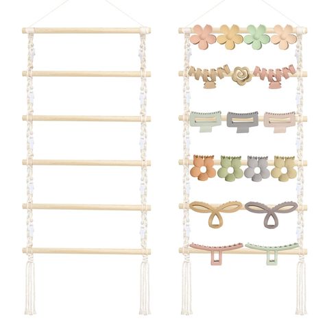 PRICES MAY VARY. Large Capacity: HAIR CLIPS AND CLAW CLIPS NOT INCLUDED , 14*34 inches. Hair clips organizer is designed with 6 rods, 2 cotton ribbons. Claw clip holder can hold up to 23-25 pcs claw clips, 2 pices of cotton ribbons with 10 white 360 degree swivel plastic clips can store hats, scarves and hair clips.It is easy and convenient to assemble, hang and pick your hair accessories Space Saving: Our claw clip holder adopts wall-mounted style,hanging claw clips storage holder suitable for Hair Claw Clip Organizer, Hair Clip Holder Diy, Claw Clip Organizer, Bracelet Hanger, Home Boho Decor, Closet Storage Accessories, Hair Clip Organizer, Clip Organizer, Hair Accessories Storage