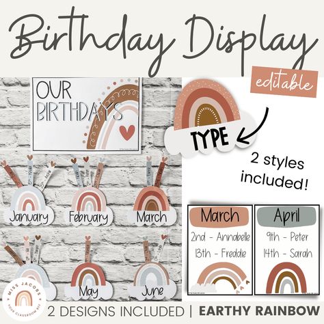 Classroom Birthday Displays, Class Birthday Display, Birthday Display In Classroom, Boho Rainbow Birthday, Earthy Rainbow, Neutral Classroom, Neutral Classroom Decor, Boho Rainbow Classroom, Class Birthdays