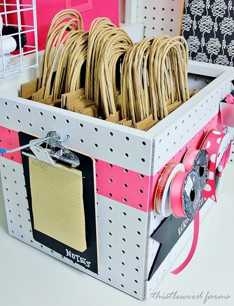 Looking for an easy idea for a gift wrap container? Here's how to make a peg board box. Keep all your gift wrap supplies organized in a peg board box. Craft Fair Booth Display, Craft Show Booths, Craft Show Booth, Pegboard Organization, Craft Fairs Booth, Craft Booth Displays, Craft Fair Displays, Craft Display, Craft Show Displays