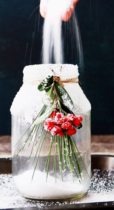 Snowy DIY Mason Jar Centerpieces {5-Minute $1 Decorations} - A Piece Of Rainbow Vintage Centerpieces, Diy Mason Jar, Wine Bottle Diy Crafts, Christmas Mason Jars, Mason Jar Crafts Diy, Mason Jar Centerpieces, Christmas Jars, Jar Diy, Mason Jar Diy