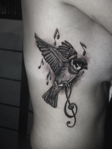 Music Tattoos Men, Finch Tattoo, Songbird Tattoo, Song Tattoos, Music Notes Tattoo, Music Note Tattoo, Me Tattoo, Note Tattoo, Music Tattoo