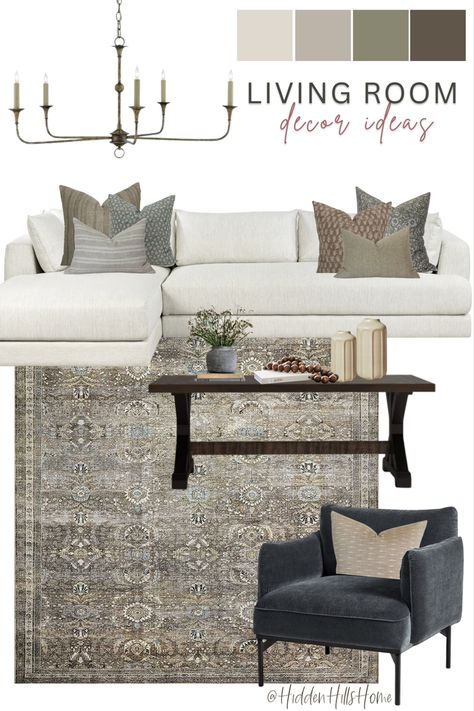 Living room decor mood board with a cream sectional sofa and blue pen accent chair. The rug features brown and olive tones with hints of blue Taupe Sofa Living Room Color Palettes, Grey Chairs Living Room, Living Room Decor With Sectional, Earth Tone House, Family Room Color Scheme, Grey Couch Pillow Ideas, Loloi Rugs Living Rooms, Living Room With Grey Sofa, Living Room With Grey Couch