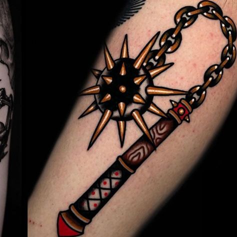 Flail Tattoo, Chain Tattoo, Armor Tattoo, Bat Tattoo, Tattoo Design Book, Artists And Models, Chest Piece, Star Tattoos, American Traditional