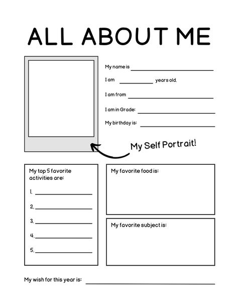 Simple Black and White Student Introduction All About Me Worksheet - Templates by Canva Printable All About Me, About Me Worksheet, Me Worksheet, Me Template, All About Me Printable, Back To School Worksheets, Worksheet Preschool, All About Me Worksheet, About Me Template