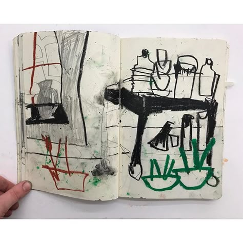 Drawings in a sketchbook. Studio Interior. Oil pastel and pencil. Florence Hutchings, Stitch Drawing, Artist Sketchbook, Oil Pastel Drawings, Sketchbook Inspo, Sketchbook Pages, Studio Interior, Summer Work, Sketchbook Journaling