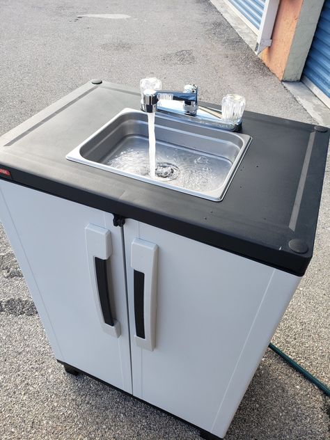 "This is our garden Outdoor camping Portable Hand Washing Sink Station self contained only cool water manufactured by Florida multi solutions. These sinks are of high quality light and durable. our Bowl sink, are installed with special 3M Marine Adhesive Sealant glue, for a better presentation, we do not use screws or rivets that can rust over time. It can be used also for: use in gardens and camp, parks, outdoor barbecues/food demonstrations/banquets/or other temporary service Lightweight easy Portable Sinks Small Spaces, Portable Hand Washing Station Diy, Small Outdoor Bathroom, Sink Station, Mini Washer And Dryer, Mini Washer, Closets Ideas, Kitchen Sink Diy, Outdoor Sink