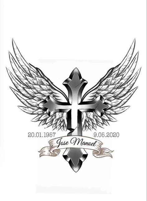 Cross And Wings Tattoo Design, Cross With Wings Tattoo For Men, Tattoos For Dad, Rip Tattoos For Dad, Cross With Wings Tattoo, Clock Tattoo Sleeve, Angel Wing Tattoo, Tattoos For Dad Memorial, Ink Tattoo Design