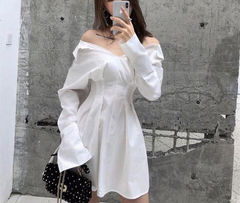 Summer Dress Korean, Bodycon Shirt, Mini Dress Fashion, Fitted Mini Dress, Off Shoulder Fashion, Mini Dress Casual, Kpop Fashion, Classy Outfits, Korean Fashion