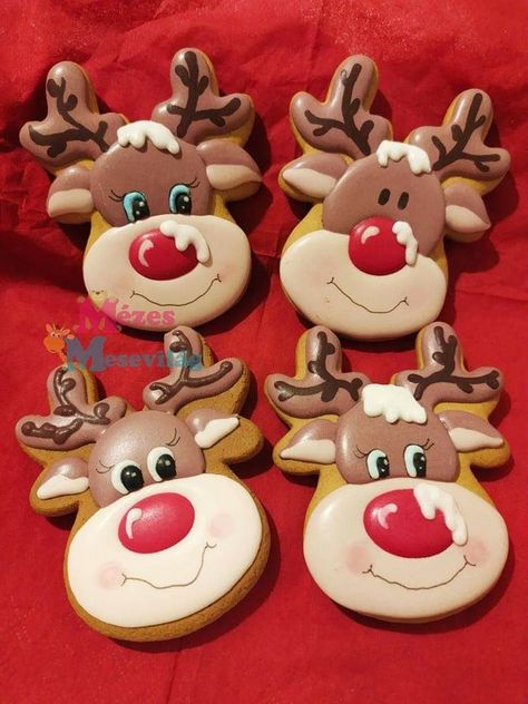 Reindeer Christmas Cookies, Rudolf Cookies, Reindeer Sugar Cookies Decorated, Reindeer Cookies Decorated Royal Icing, Rudolph Sugar Cookies, Reindeer Cookies Decorated, Reindeer Sugar Cookies, Gingerbread Cookies Reindeer, Reindeer Cookies Decorated With Pretzels