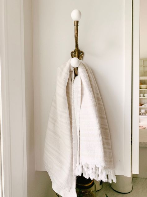 Vintage Kitchen Towel Hook | Sarah Jane Interiors Bathroom Hand Towel Hooks, Bathroom Hand Towel Ideas, Farmhouse Towel Hooks, Hand Towel Holder Ideas, Vintage Towel Hooks, Hand Towel Hook, Vintage Kitchen Towel, Hooks For Towels, Bathroom Towel Hook