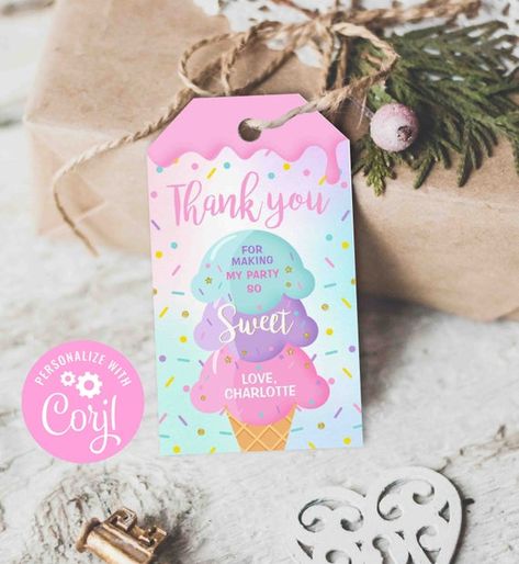 Ice Cream Favor, Ice Cream Social Party, Ice Cream Party Favors, Rainbow Ice Cream, Donut Birthday, Ice Cream Theme, Thank You Labels, Ice Cream Birthday, Twin Birthday