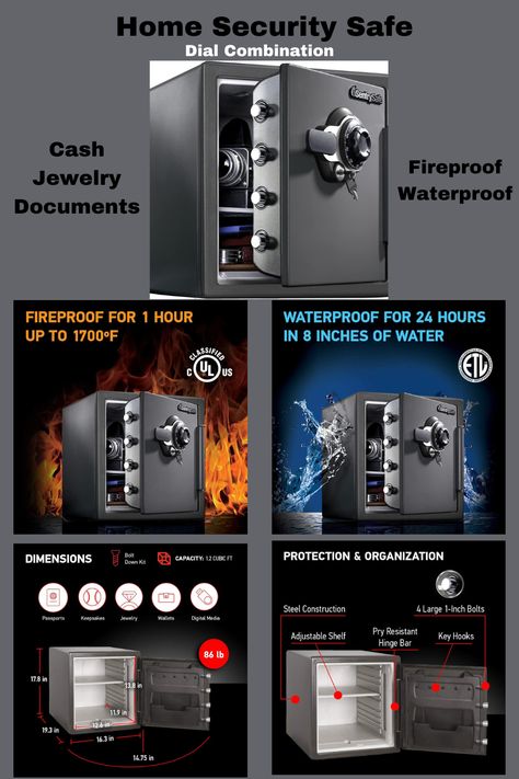 SentrySafe Fireproof & Waterproof Steel Home Safe-Dial Combination Lock, Secure Cash, Docs, Jewelry with Bolt Down Kit SFW123DSB Fireproof safe is UL Classified to endure 1 hr at 1700°F Waterproof safe is ETL Verified for 24 hrs of protection in water up to 8in Combination feature 4 live-locking bolts, steel construction, pry-resistant hinge bar, shelf & bolt down hardware Exterior:16.3in W x 19.3in D x 17.8in H; Interior: 12.6in W x 11.9in D x 13.8in H; Large 1.23 cubic ft capacity; 86 pounds Fireproof Safe, Electrical Gadgets, Safe Lockers, Cash Safe, Hotel Safe, Bar Shelf, Fire Safe, Safe Box, Home Safes