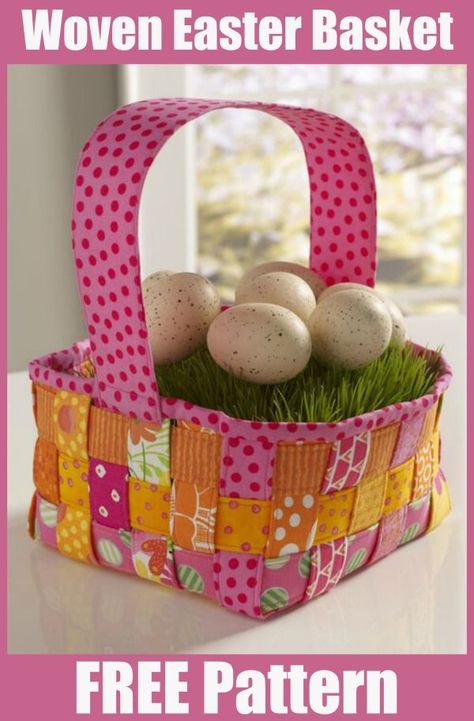 Woven Easter Basket free sewing pattern. This Woven Easter Basket is perfect for using scraps or pre-cut strips from a jelly roll. This basket can be made in pastels for Easter, or in another color scheme to hold jewelry, guest towels, or other small items. This DIY Easter basket to sew would be great for kids to use on an Easter Egg hunt, or would look on your table filled with flowers or eggs. Quilted Easter Baskets, Free Kids Sewing Patterns, Basket Sewing Pattern, Easter Basket Pattern, Fabric Easter Basket, Easter Sewing, Kids Sewing Patterns, Spring Sewing, Egg Ideas